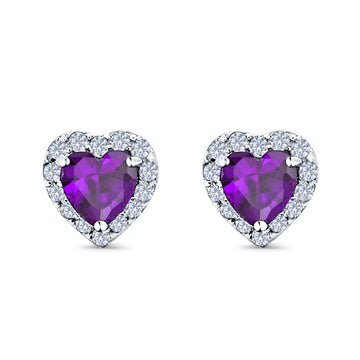 Heart shape Stud Earrings Wedding Simulated Amethyst CZ 925 Sterling Silver (10mm)